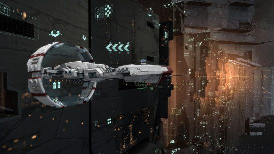 EVE Online: A spaceship flies near a large space station, showcasing the game's expansive universe and player-driven economy