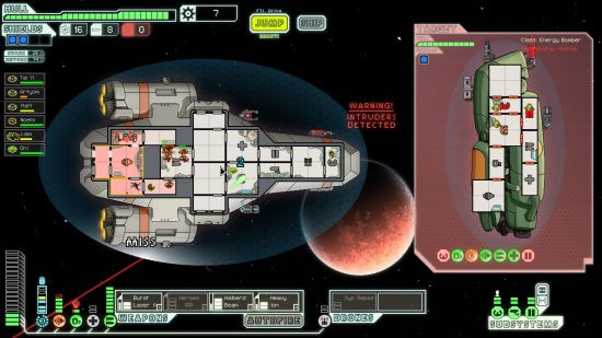 FTL: Faster Than Light: Schematics of a ship in space, showcasing the game's strategic ship management and roguelike gameplay