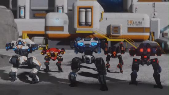 Mech Arena: A group of mechs stands on the moon near a moonbase, illustrating the game's lunar battle arena