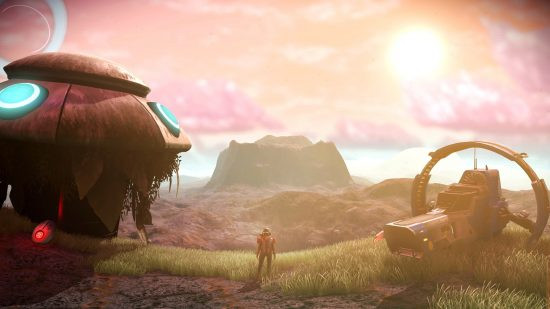 No Man's Sky: A beautiful alien landscape, showcasing the game's vast and diverse procedurally generated worlds