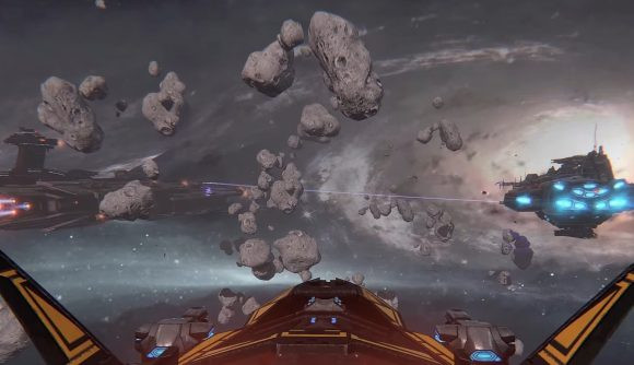 Star Conflict: A spaceship flies through space, surrounded by asteroids and cosmic swirls, highlighting the game's dynamic combat environment