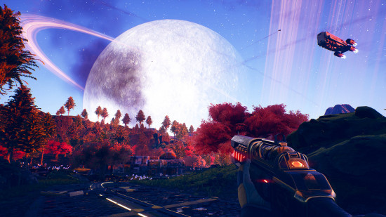 The Outer Worlds: A view of Saturn from a red-dyed planet, highlighting the game's vibrant and stylized environments