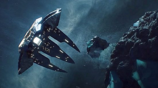 Stellaris: A spaceship avoiding a large space rock, illustrating the game's exploration and strategic gameplay