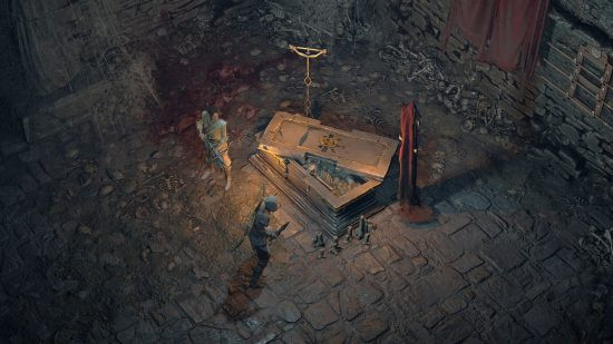 A screenshot of Diablo 4, featuring a character opening up a sarcophagus. Great performance and gore for the Steam Deck