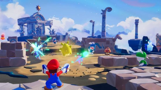 Mario attacking Rabbid enemies in Mario + Rabbids: Sparks of Hope