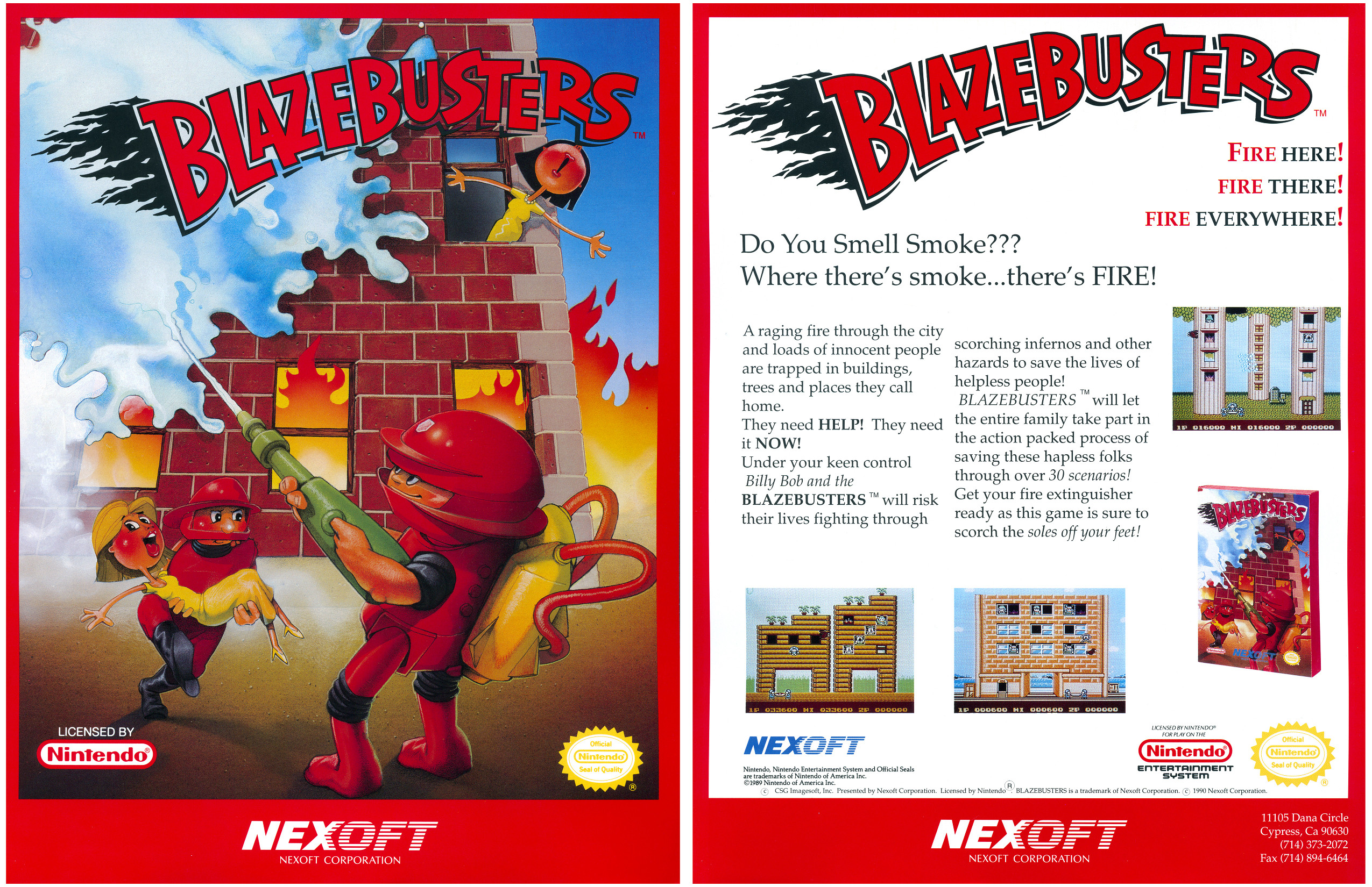 Flyer for Blazebusters from Nexoft (aka ASCII), an Arkanoid-style game where a firefighter puts out fires by bouncing off them