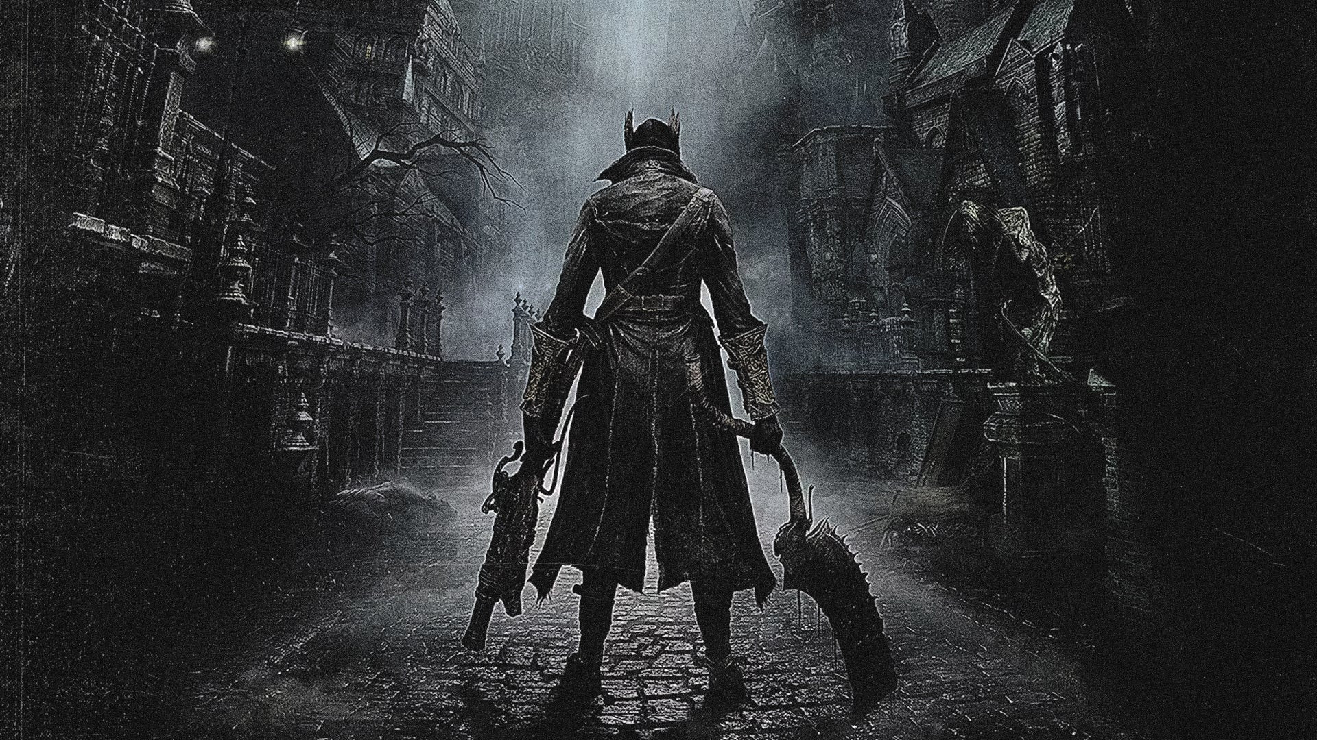 A person in a dark victorian alley, wielding large weapons