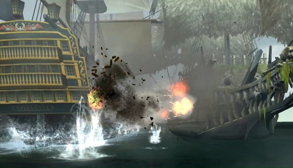 Browser games Pirates of the Caribbean Tides of War A screenshot shows to ships engaged in battle