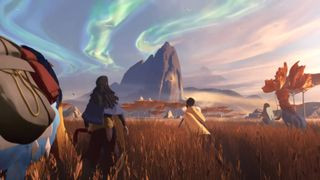 An Everwild screenshot showing two players heading toward a mountain.