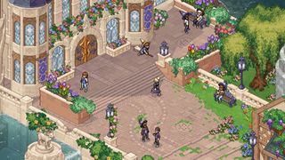 Witchbrook screenshot of a library in the magical college with witches flying on brooms