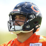 Chicago Bears quarterback Caleb Williams throws during drills at Halas Hall May 10, 2024 in Lake Forest, Illinois.