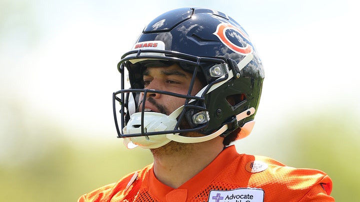 Chicago Bears quarterback Caleb Williams throws during drills at Halas Hall May 10, 2024 in Lake Forest, Illinois.