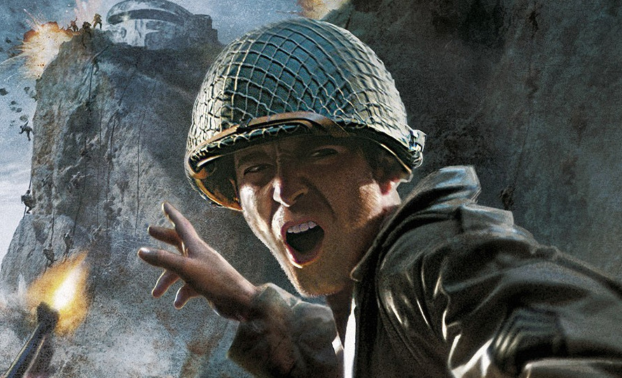 A WW2 soldier shouting amidst a battle