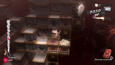 Vincent Brooks in Catherine's nightmare world, struggling to climb the collapsing tower, with dark blocks and menacing figures looming.