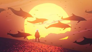 A player standing next to dolphins at sunset during the upcoming PS5 game, Sword of the Sea.