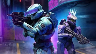 Halo Infinite screenshot of two spartans with guns raised