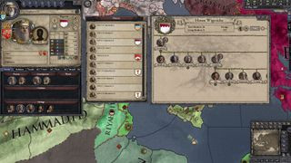 Crusader Kings 2 screenshot of a map and inventory window, with a large world map behind them, showcasing the game's grand strategy elements