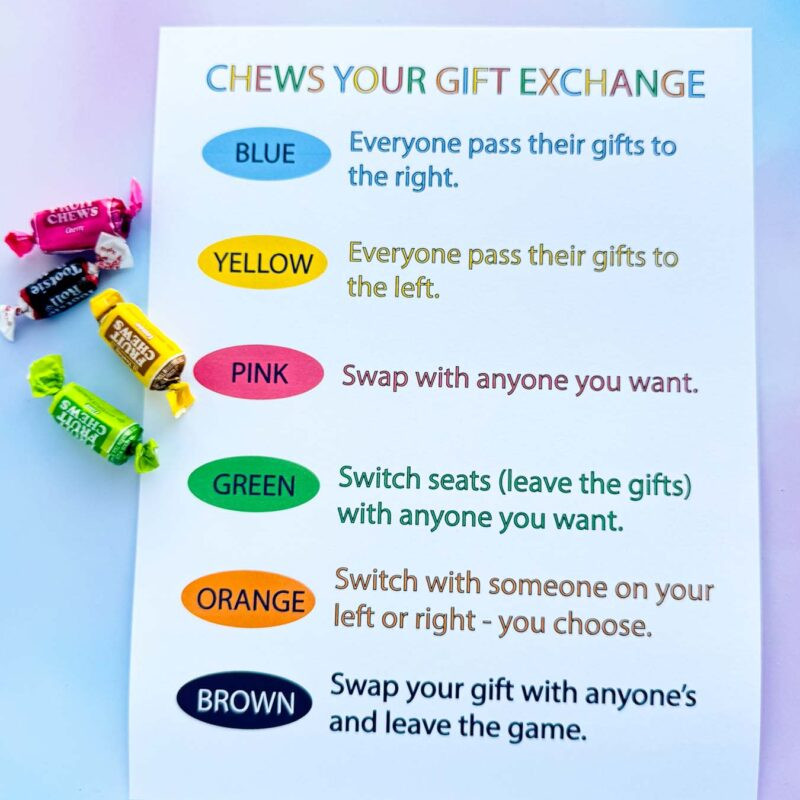 Chews gift exchange printable with 4 chews candies