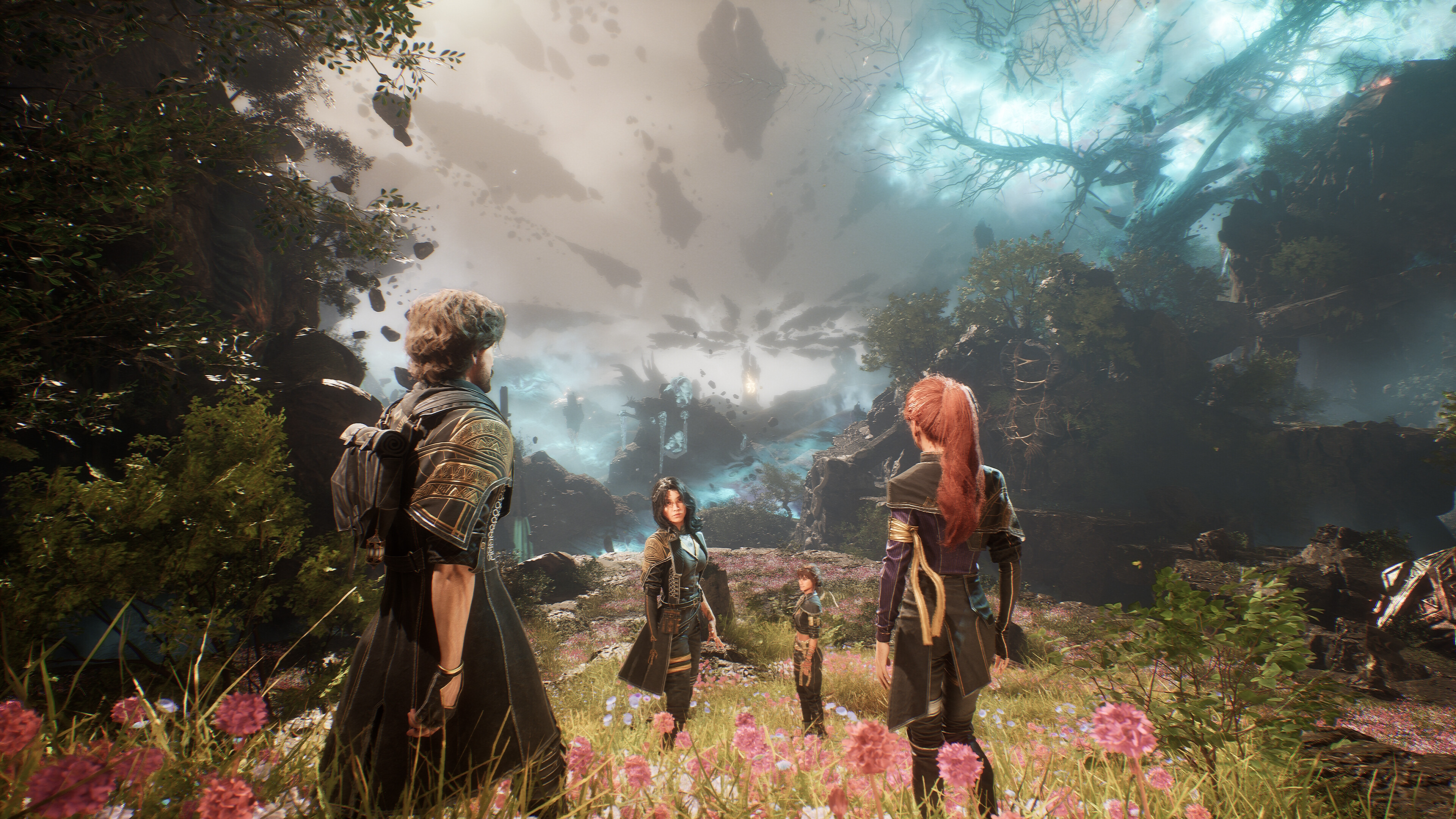 Four characters overlooking an ominous vista in Clair Obscur: Expedition 33