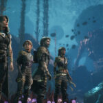 The team from Clair Obscur: Expedition 33 stand in a line surveying an otherworldly landscape, showcasing the game's engaging visuals