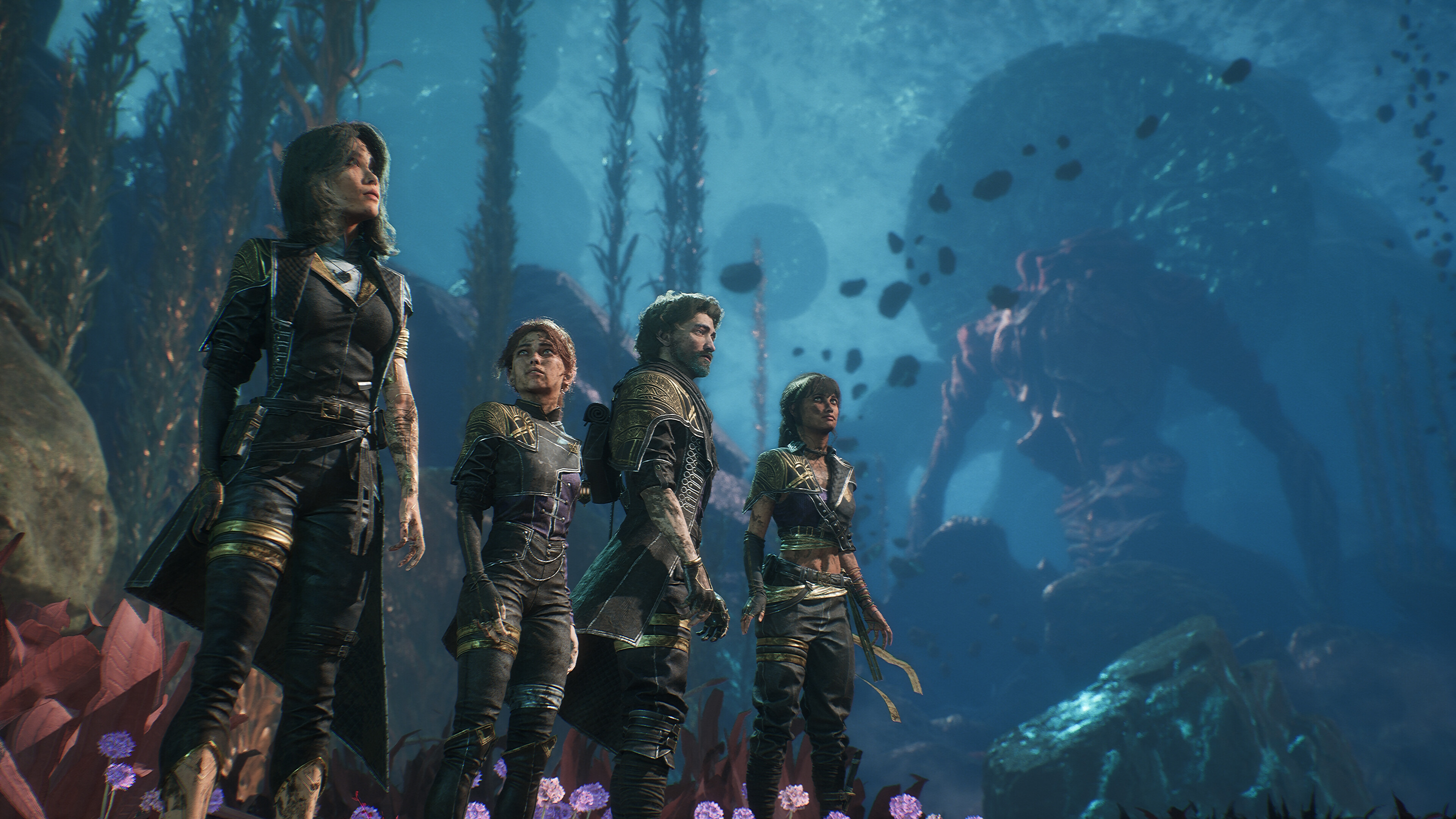 The team from Clair Obscur: Expedition 33 stand in a line surveying an otherworldly landscape, showcasing the game's engaging visuals