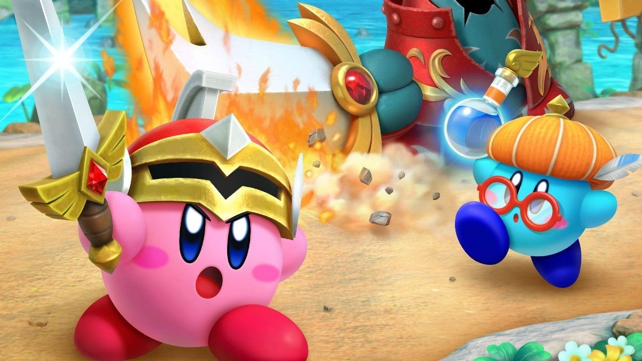 Super Kirby Clash showing team-based boss fights and character roles