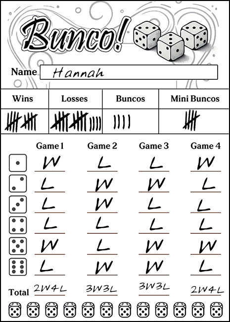 Completed Bunco score card