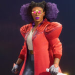 Concord characters: a woman with purple hair wearing red glasses and a red overcoat