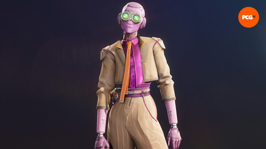 Concord characters: a purple-pink alien wearing a beige suit and orange tie