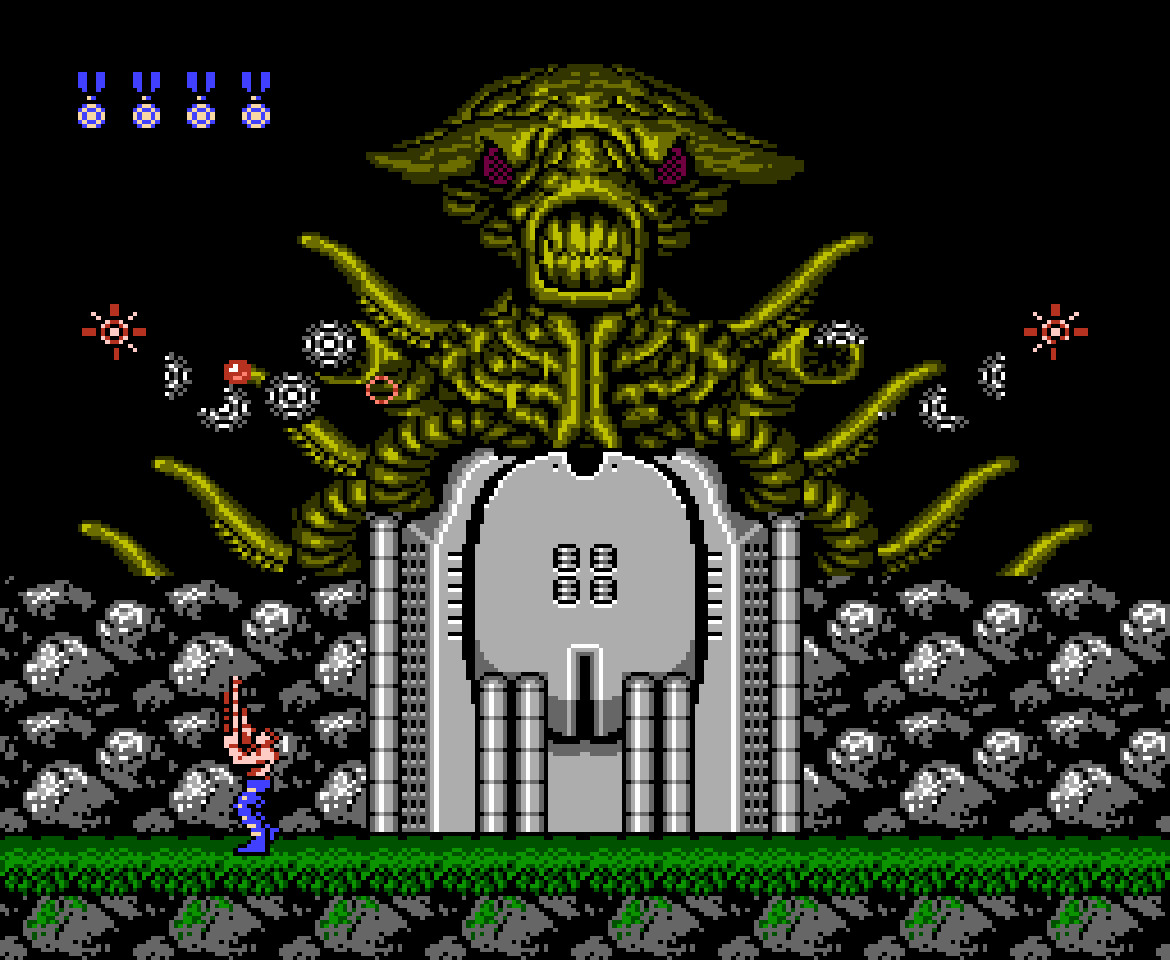 Giant alien monster with two tentacle arms that shoot fireballs from the NES version of Contra, highlighting the game's memorable boss design