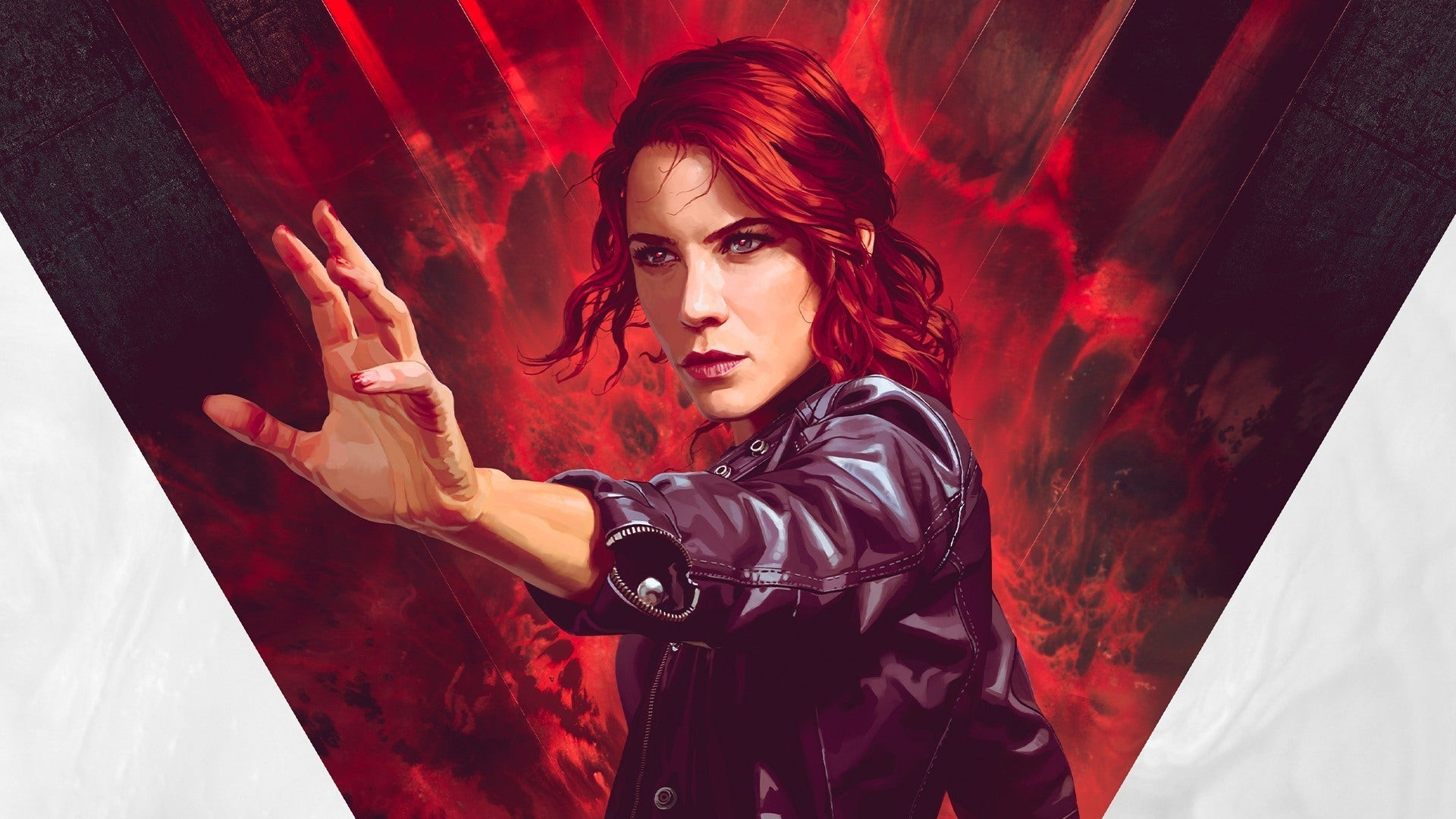 A red-haired woman holds out her hand