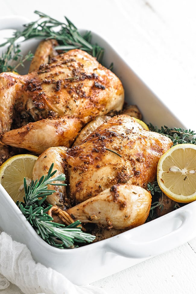 garlic herb roasted game hen with fresh herbs