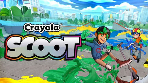 Crayola Scoot gameplay featuring characters on scooters coloring a skate park