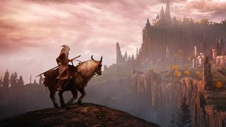 A player on horseback looking out towards a castle in Elden Ring