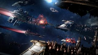 Spaceships covered in gothic architecture do battle