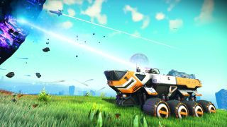 No Man’s Sky screenshot of a space terrain vehicle in a grassy environment. Spacecraft zoom overhead through a cloudy blue sky.