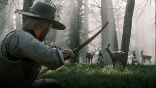 Red Dead Redemption 2 screenshot of Arthur Morgan hunting deer in a forest.