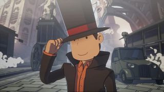 Professor Layton tipping his hat in the upcoming Switch game, Professor Layton and the New World of Steam