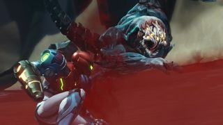 Samus Aran in Metroid Dread, a top 2D platformer for Switch, battling a large enemy in a tense, red-dusty environment