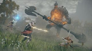 A Knight fighting a giant enemy wielding a double-sided axe