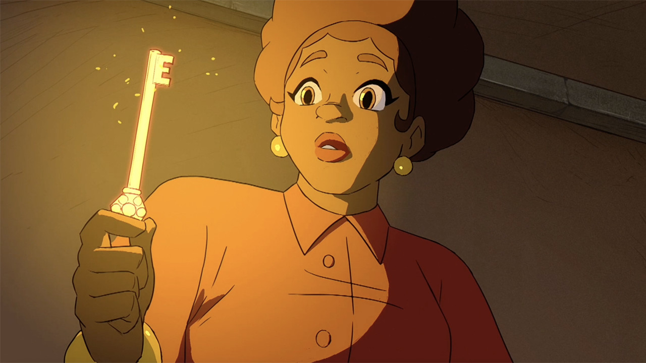 Woman holding a glowing key in Dot's Home
