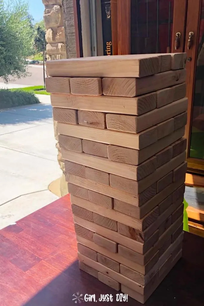 Giant jenga game fully stacked and ready for play