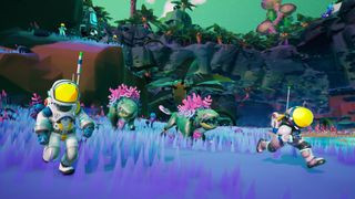 Two player running from alien monsters during the upcoming PS5 game, STARSEEKER: Astroneer Expeditions