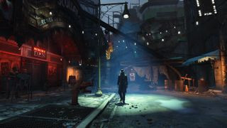 Fallout 4 captures a desolate urban scene with a lone figure walking through a derelict, dimly lit street, highlighting the game's post-apocalyptic atmosphere.