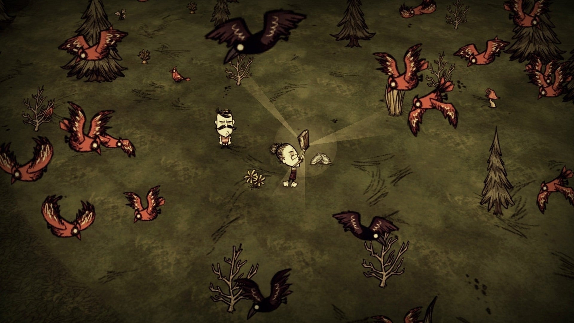 A player shines a light at birds