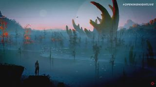 A player looking out to a alien forest in the upcoming PS5 games, Everywhere.