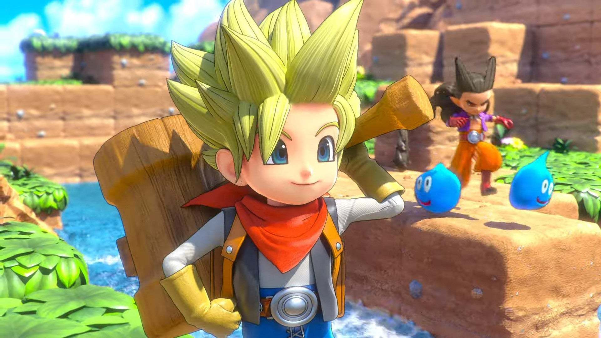 A spikey-haired boy with a large hammer
