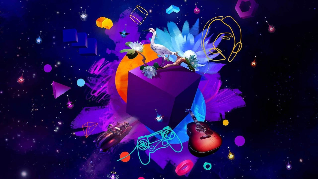 Many objects surrounding a floating cube in a galaxy
