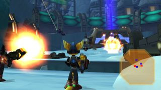 Rachet firing guns at robots in the PS2 game Ratchet &amp; Clank: Up Your Arsenal.