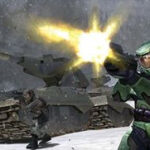 Halo Combat Evolved screenshot of soldiers firing guns in a snowy landscape with a tank in the background.